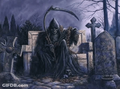 A Grim Reaper Sits In A Cemetery With A Scythe GIF
