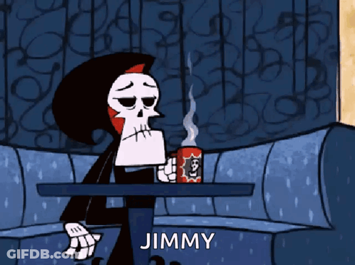 A Grim Reaper Sitting At A Table With A Cup Of Jimmy GIF