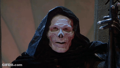 A Grim Reaper Wearing A Hood And Holding A Sword Has The Word Mine On His Face GIF