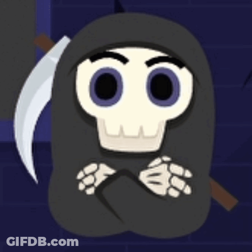 A Grim Reaper With A Scythe And A Skull On His Head GIF