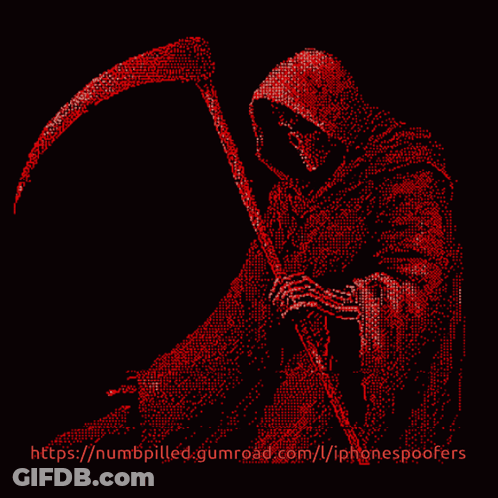 A Grim Reaper With A Scythe Is Displayed In Red Dots GIF