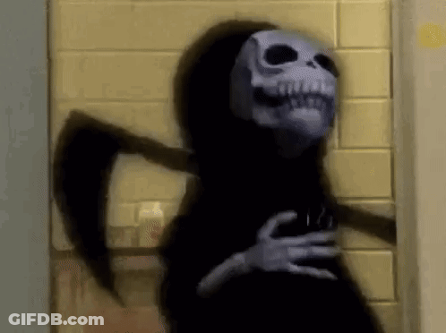 A Grim Reaper With A Scythe Is Standing Next To A Door . GIF