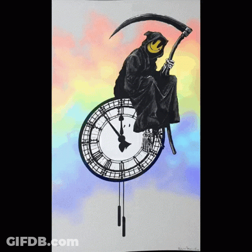 A Grim Reaper With A Scythe Sitting On A Clock GIF