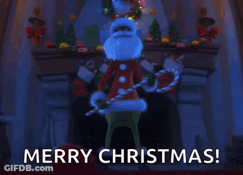 A Grinch Is Holding A Candy Cane In Front Of A Fireplace And Says Merry Christmas . GIF