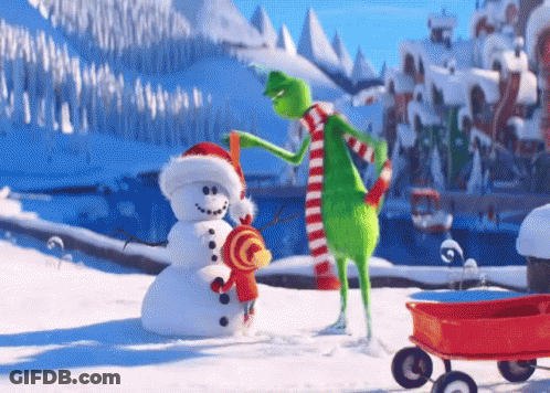 A Grinch Is Standing Next To A Snowman In The Snow . GIF