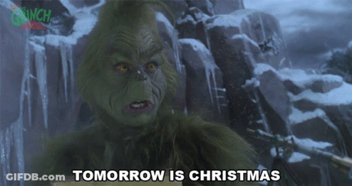 A Grinch Says Tomorrow Is Christmas In Front Of A Snowy Mountain GIF