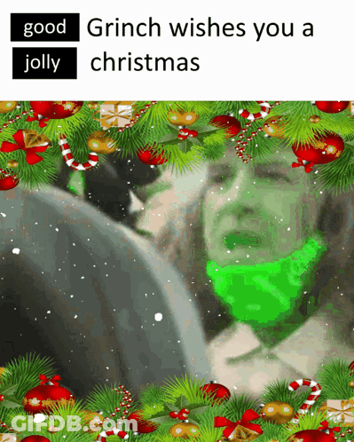 A Grinch Wishes You A Jolly Christmas Surrounded By Christmas Ornaments GIF