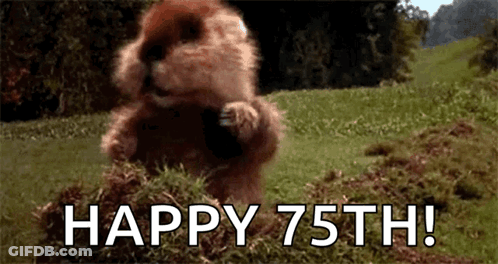 A Groundhog Is Standing On Its Hind Legs In The Grass And Says `` Happy 75Th '' . GIF