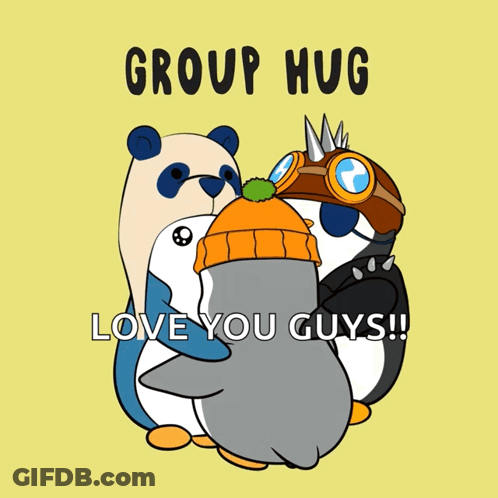 A Group Hug Love You Guys Poster With Penguins Hugging Each Other GIF