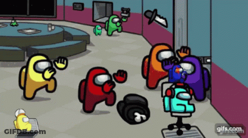 A Group Of Among Us Characters Are Playing A Game In A Room GIF