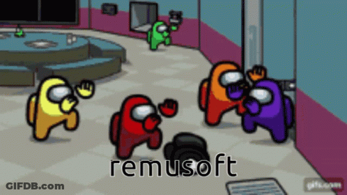 A Group Of Among Us Characters Are Standing In A Room With The Word Remusoft On The Bottom Right GIF