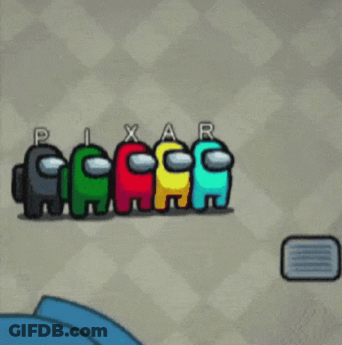 A Group Of Among Us Characters Standing Next To Each Other With Pixar Written On Their Faces GIF