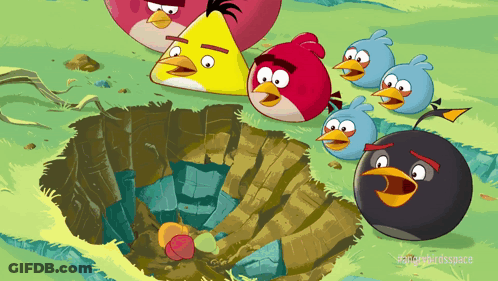 A Group Of Angry Birds Standing Around A Hole GIF