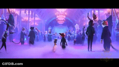 A Group Of Animals Are Dancing In A Ballroom With Purple Lights . GIF