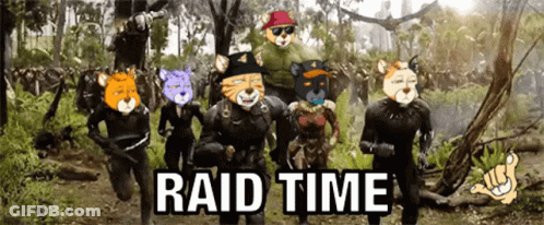 A Group Of Animals Are Running Through A Forest With The Words Raid Time Written On The Bottom GIF