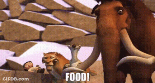 A Group Of Animals Are Standing Next To Each Other And One Of Them Says Food ! GIF