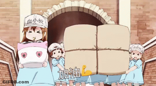 A Group Of Anime Characters Are Carrying Boxes And One Of Them Has A Hat That Says ' Blood Cells ' On It GIF
