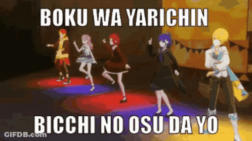 A Group Of Anime Characters Are Dancing On A Stage In A Meme . GIF