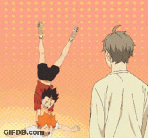 A Group Of Anime Characters Are Doing A Handstand While A Man Looks On GIF