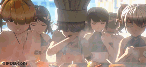 A Group Of Anime Characters Are Eating Food Together . GIF