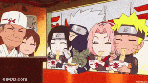 A Group Of Anime Characters Are Eating Noodles Together GIF