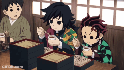 A Group Of Anime Characters Are Eating Noodles With Chopsticks GIF