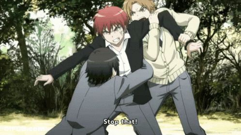 A Group Of Anime Characters Are Fighting And One Of Them Says " Stop That " GIF