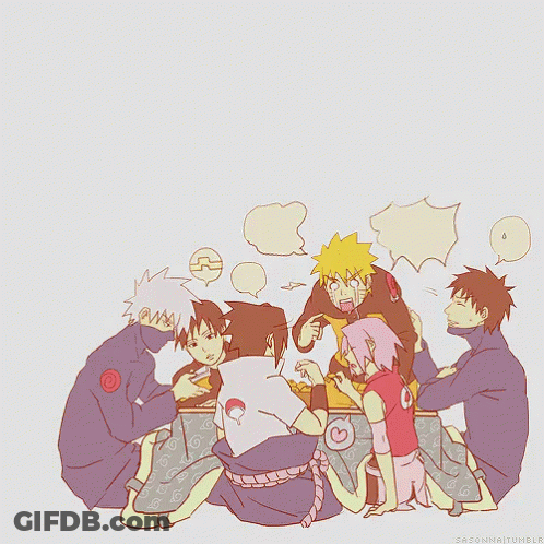 A Group Of Anime Characters Are Gathered Around A Table With A Speech Bubble That Says " N " On It GIF