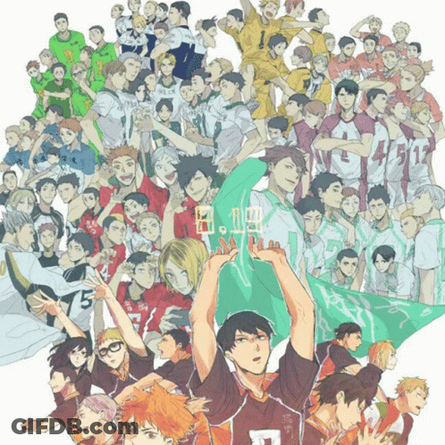 A Group Of Anime Characters Are Gathered Together And One Of Them Has The Number 7 On Their Shirt GIF
