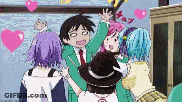 A Group Of Anime Characters Are Hugging Each Other And One Of Them Is Wearing A Hat GIF