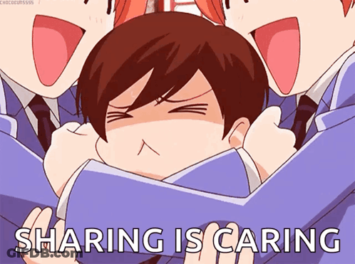 A Group Of Anime Characters Are Hugging Each Other With The Words Sharing Is Caring Below Them GIF