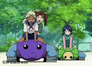 A Group Of Anime Characters Are Playing On A Playground With A Turtle GIF