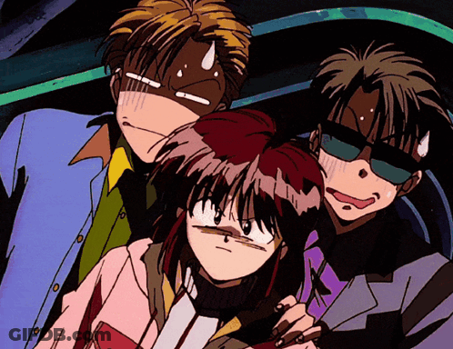 A Group Of Anime Characters Are Posing For A Picture And One Of Them Has Sunglasses On GIF