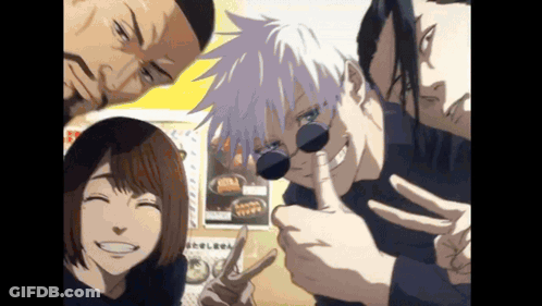 A Group Of Anime Characters Are Posing For A Picture And One Of Them Is Giving A Peace Sign . GIF