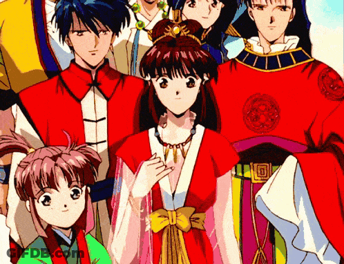 A Group Of Anime Characters Are Posing For A Picture Including A Girl In A Red Dress GIF