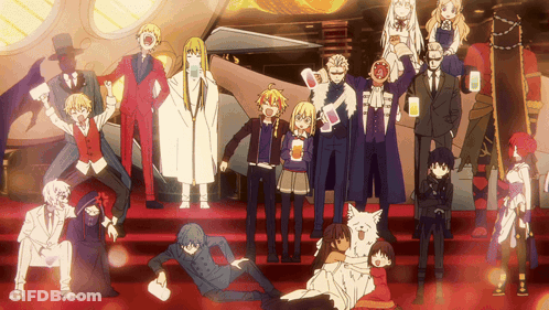 A Group Of Anime Characters Are Posing For A Picture On A Red Staircase GIF