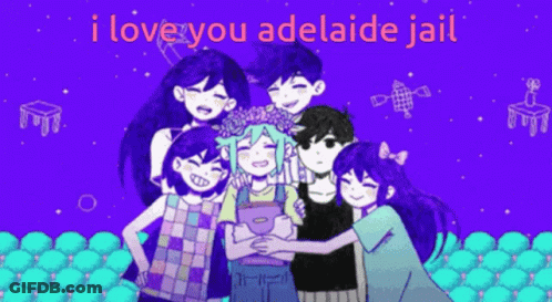 A Group Of Anime Characters Are Posing For A Picture With The Words I Love You Adelaide Jail Above Them GIF