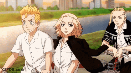 A Group Of Anime Characters Are Riding Bicycles Along A River GIF