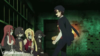 A Group Of Anime Characters Are Sitting Around A Man Holding A Bread Loaf GIF