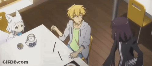 A Group Of Anime Characters Are Sitting At A Table Eating Food . GIF