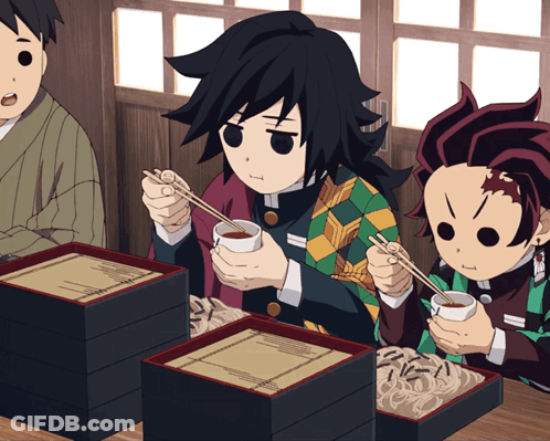 A Group Of Anime Characters Are Sitting At A Table Eating Noodles GIF