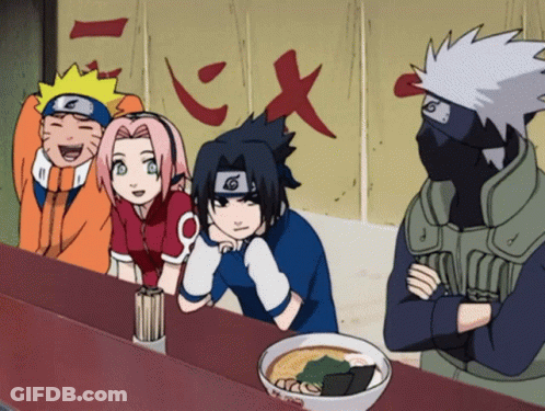 A Group Of Anime Characters Are Sitting At A Table With A Bowl Of Ramen In Front Of Them GIF