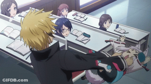A Group Of Anime Characters Are Sitting At A Table With Books On It GIF