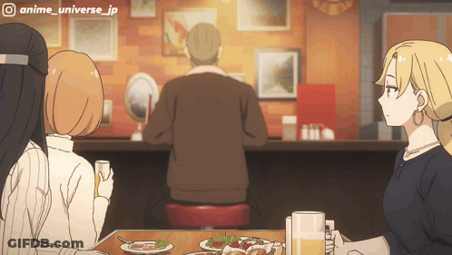 A Group Of Anime Characters Are Sitting At A Table With Plates Of Food And A Man Sitting At A Bar GIF
