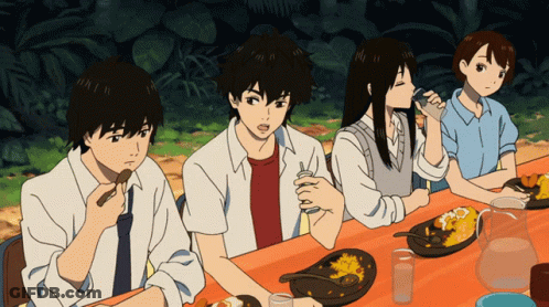 A Group Of Anime Characters Are Sitting At A Table With Plates Of Food GIF