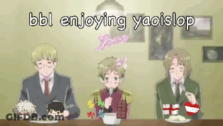A Group Of Anime Characters Are Sitting At A Table With The Words Bbl Enjoying Yaoislop Written Above Them GIF