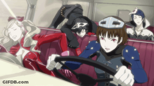 A Group Of Anime Characters Are Sitting In A Car And One Of Them Is Wearing A Helmet With The Letter C On It GIF