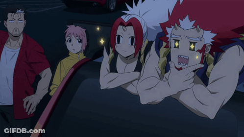 A Group Of Anime Characters Are Sitting In A Car With One Making A Funny Face GIF