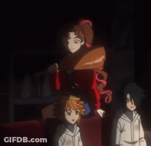 A Group Of Anime Characters Are Sitting In A Dark Room With A Woman Holding A Bat GIF
