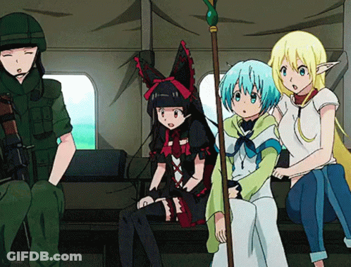 A Group Of Anime Characters Are Sitting In A Tent With A Man In A Helmet Standing Behind Them GIF